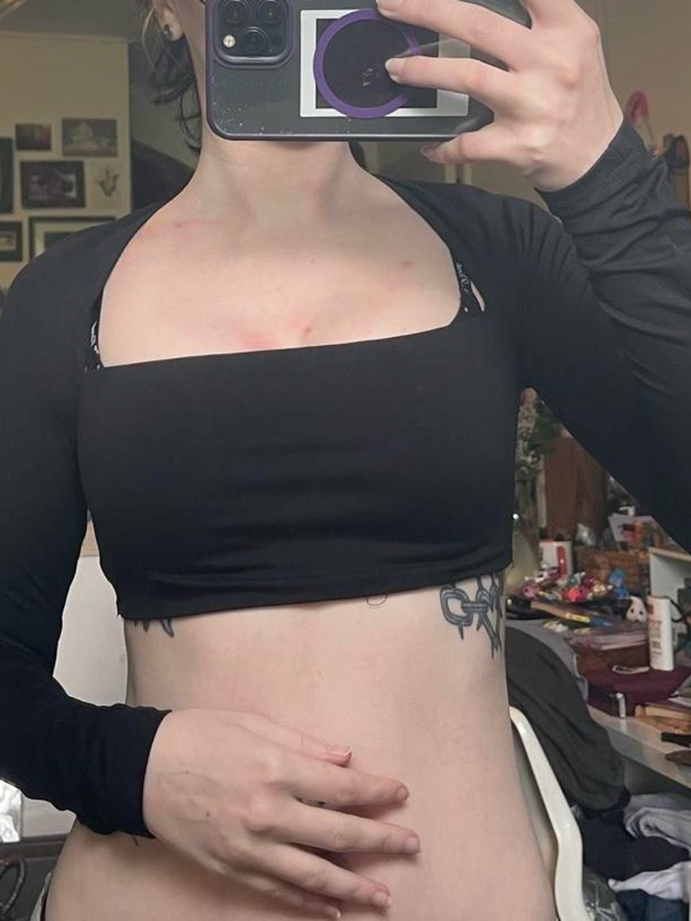 Black Square-Neck Long Sleeve Crop Top - Women